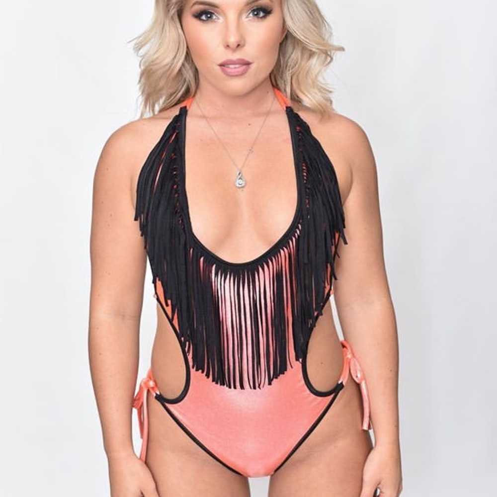 Bikini one piece fringe orange black
